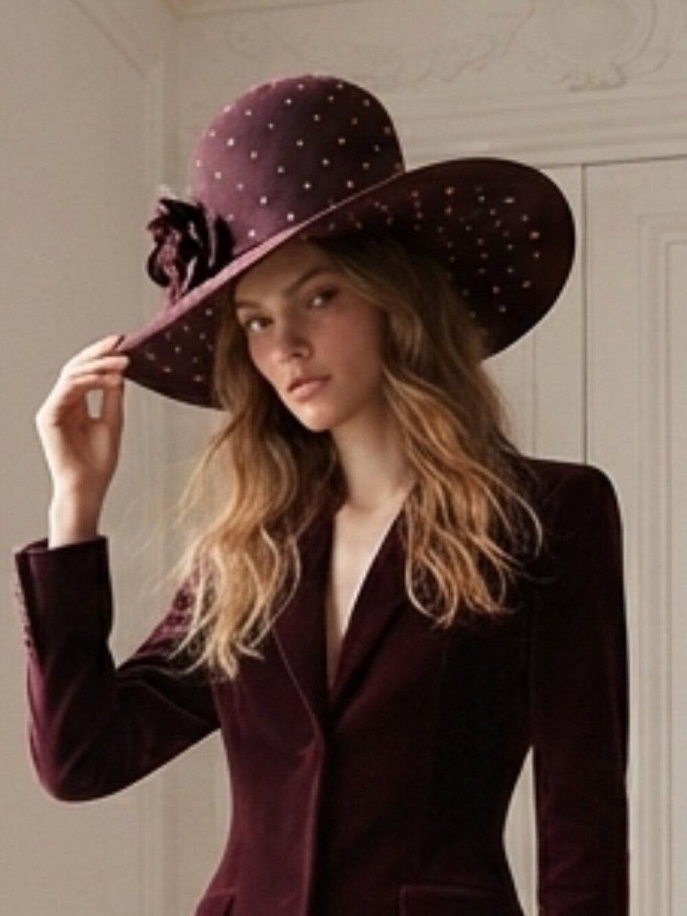 Maison Michel Paris Women's Studded Brown Felt Wide-Brim Hat with Floral Accent